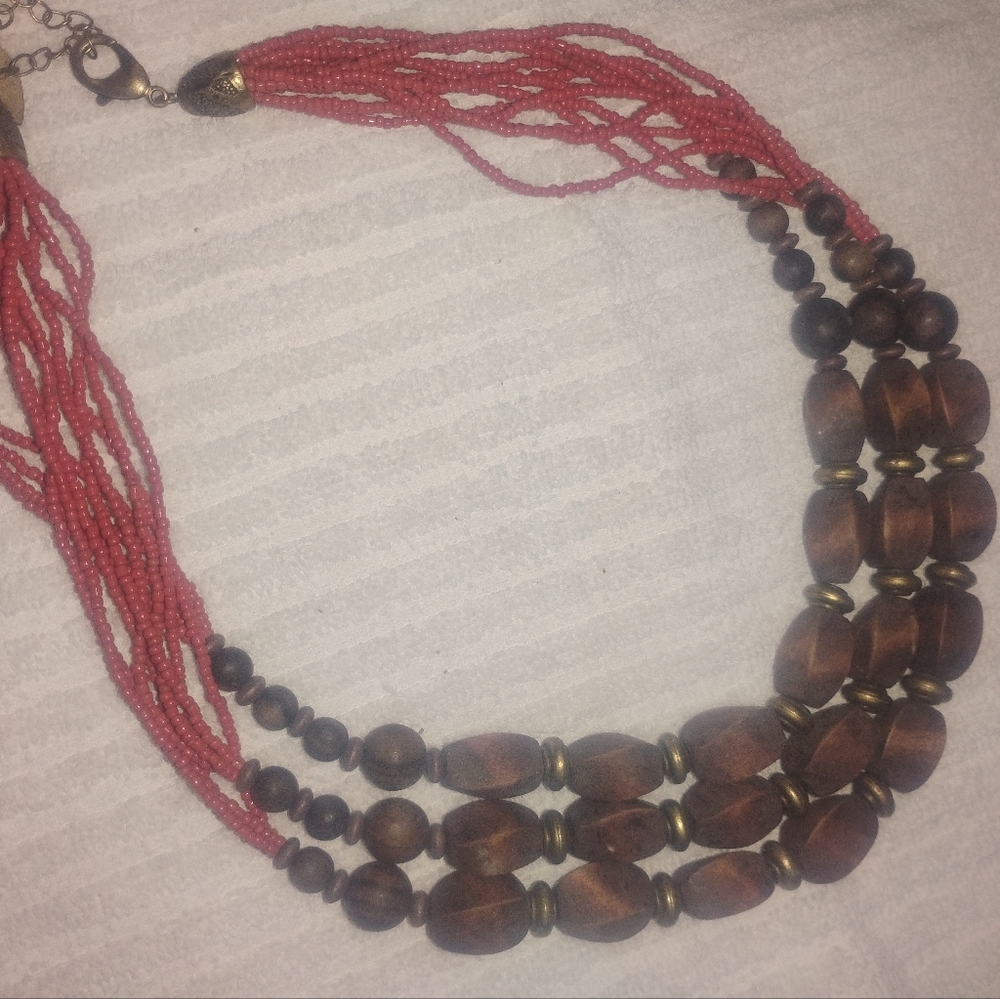 Elegant Multistrand Red and Brown Beaded Necklace